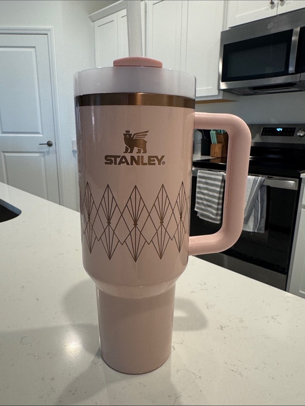 Stanley Pink Travel Mug with Gold Geometric Accent 40oz